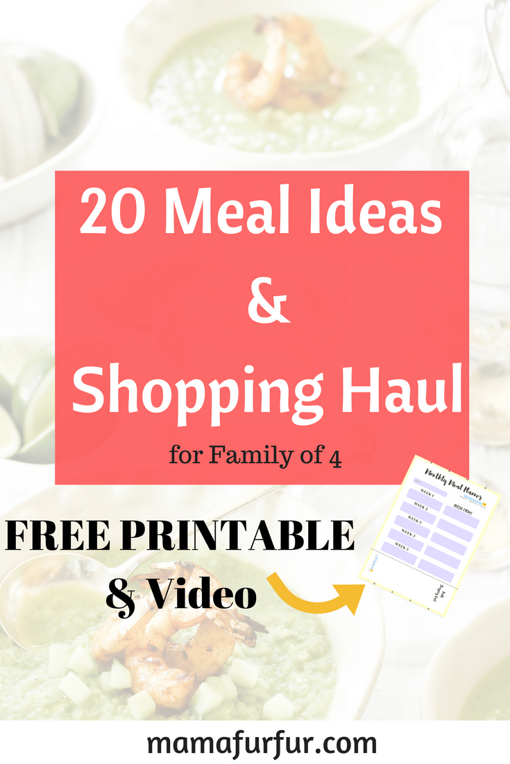 20 Meal Plan Ideas and Shopping Haul with free printable meal planner and shopping list budgeting for family of 4 #frugalliving #mealplanning #dinners #familymeals